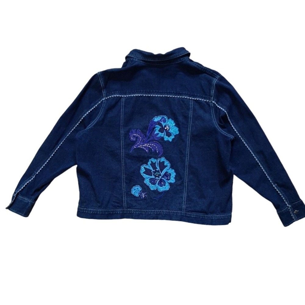 Womens Denim Jacket embroidered flowers beaded lace trim Size 1X bechamel